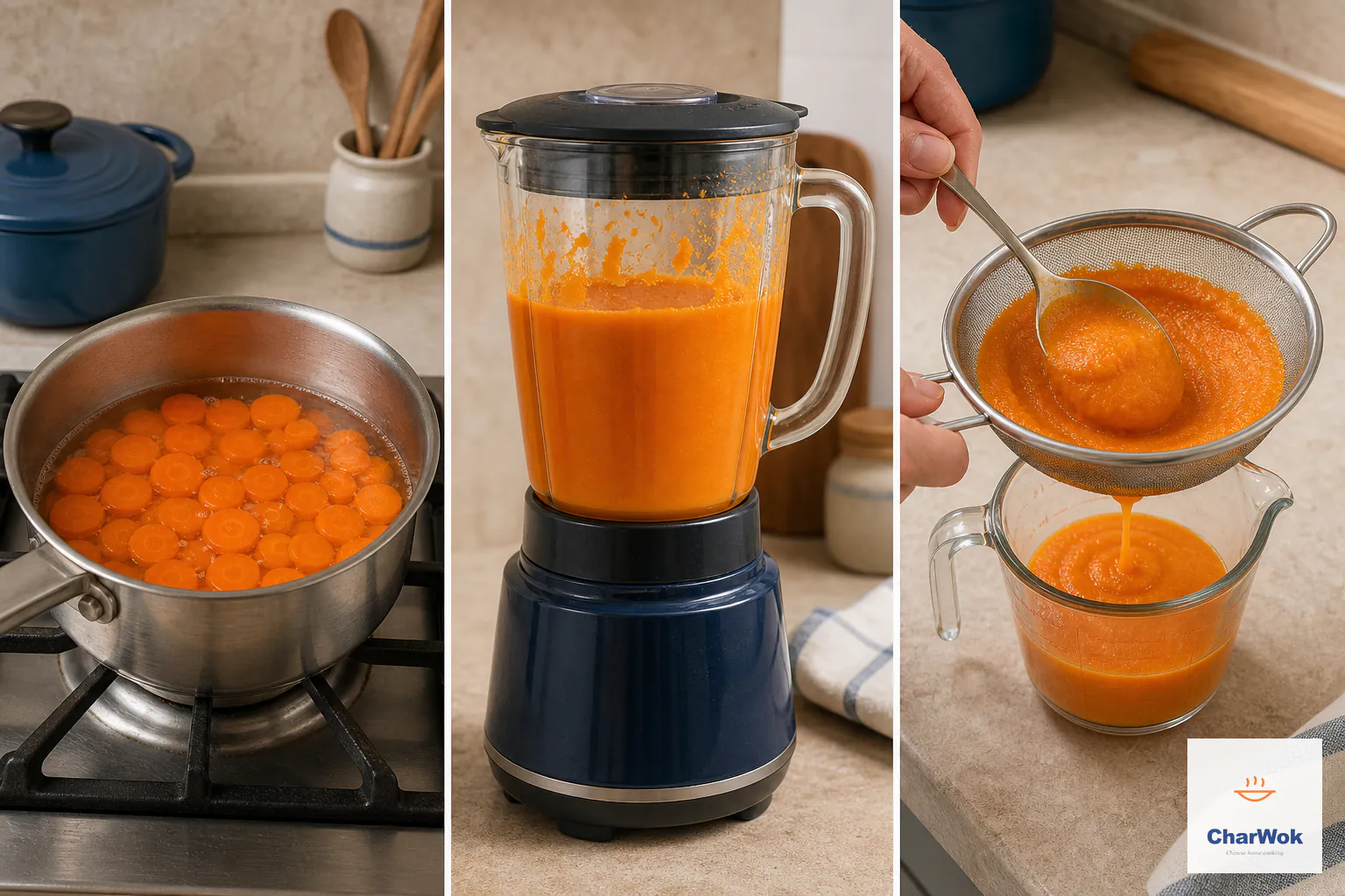 Three stages show sliced carrots simmering until soft, blending with their cooking water and passing through a sieve as thick smooth orange puree