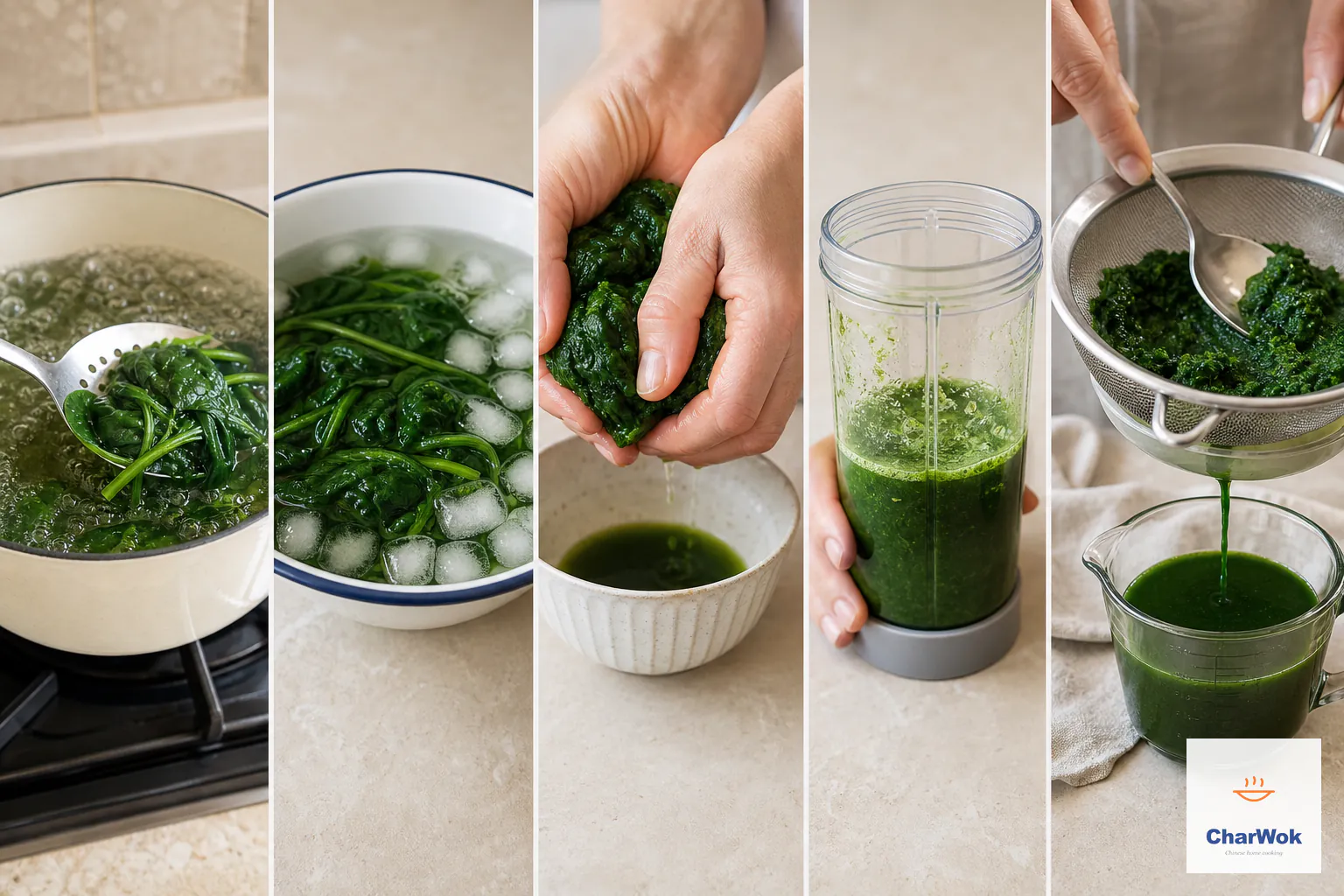 A five-stage sequence flash-blanches spinach, shocks and squeezes it, purees it, then presses deep green juice through a fine sieve while reserving the pulp