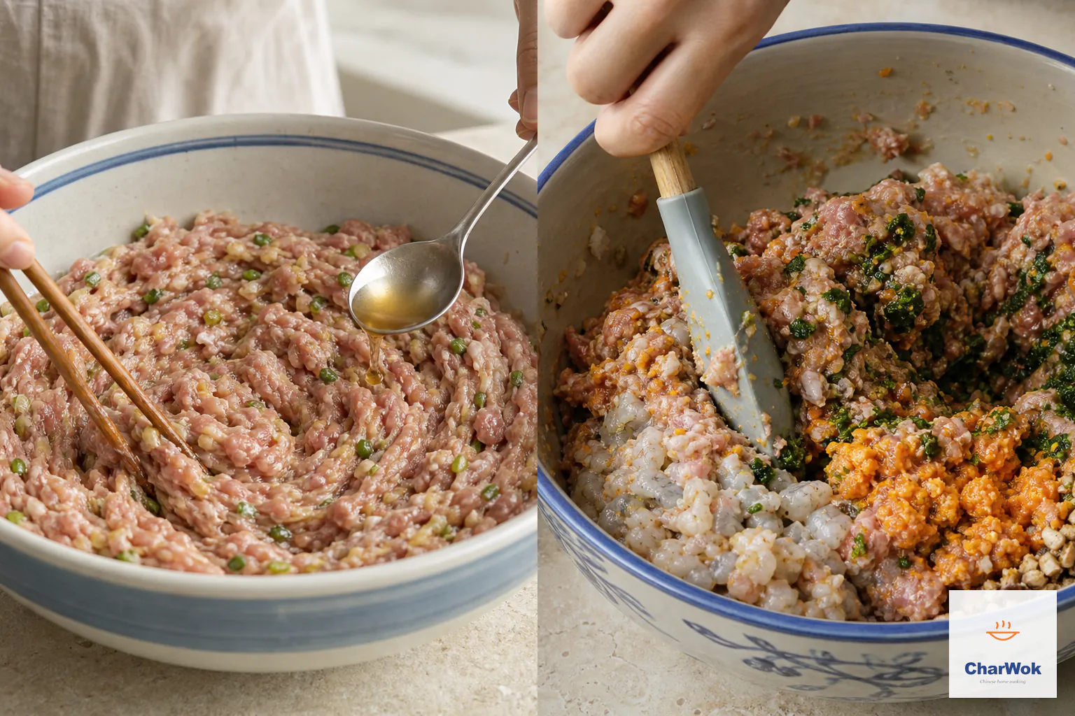 Two panels show mushroom soaking liquid beaten in one direction into seasoned pork, followed by shrimp, shiitake, carrot puree and spinach pulp being folded in