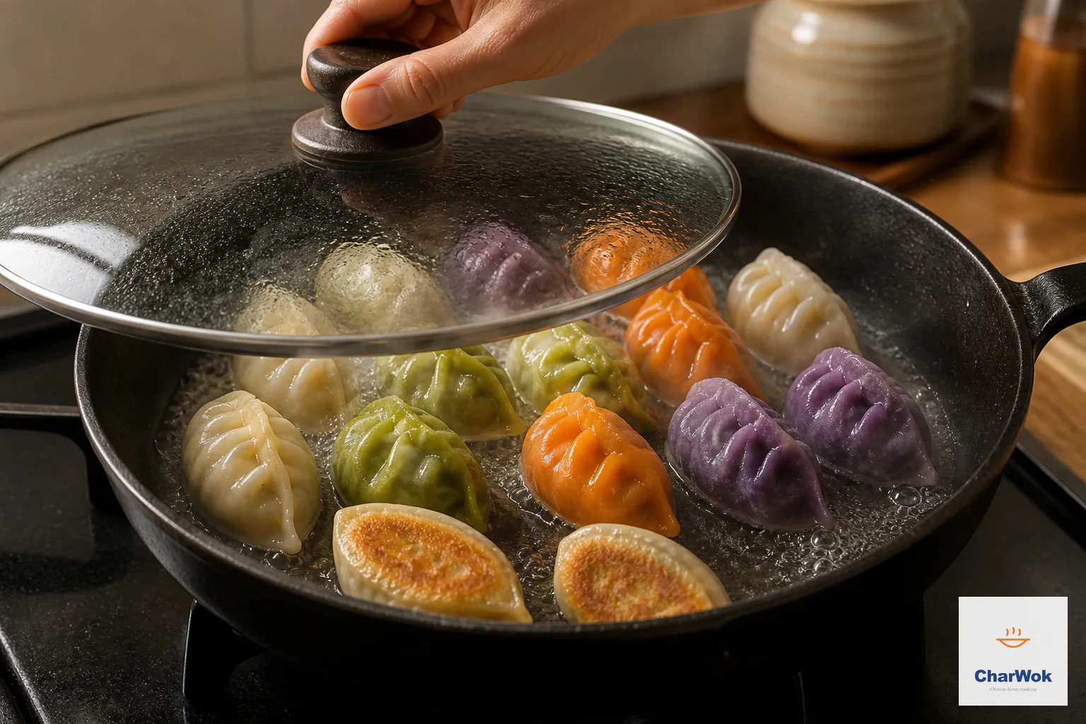 A glass lid lowers over colourful dumplings standing in a skillet with shallow bubbling water while two turned dumplings reveal crisp golden bases