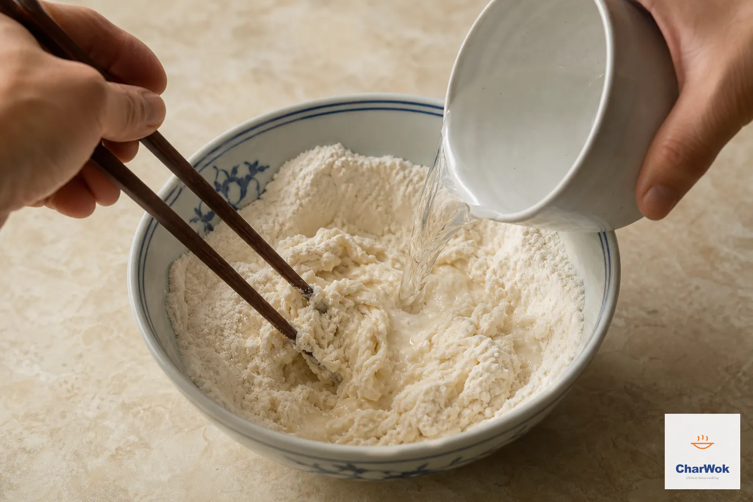 Clear tap water pours into all-purpose flour while chopsticks stir a partly dry bowl into rough shaggy plain ivory dough