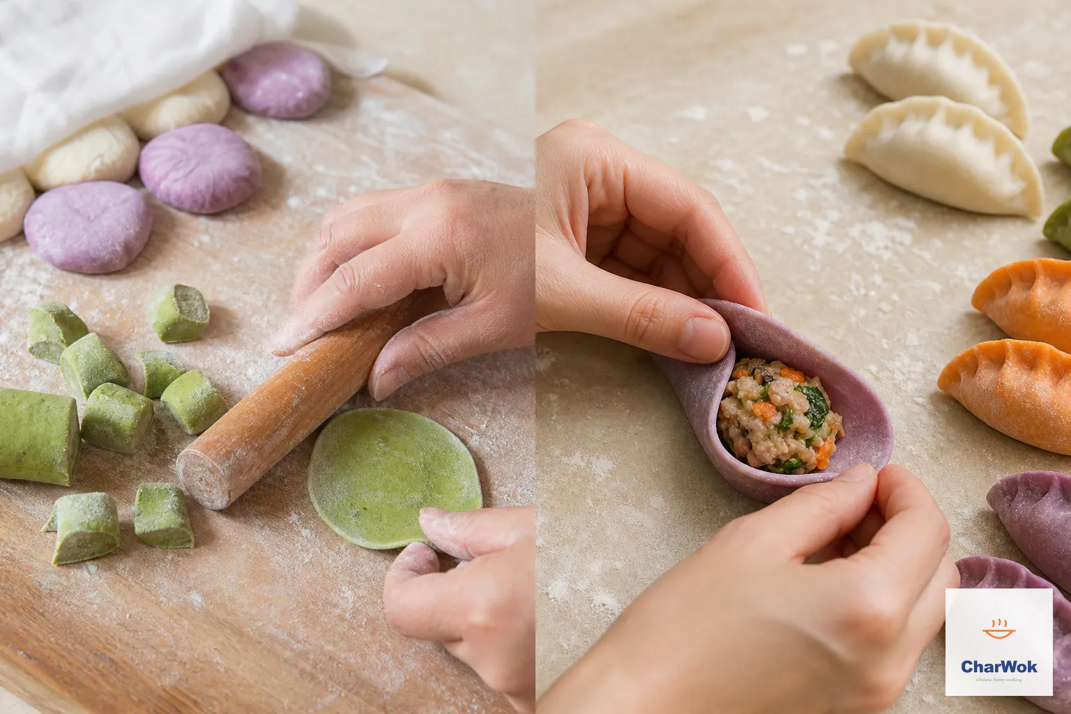 Two panels show green dough cut and rolled into a round thin-edged wrapper, then a purple wrapper filled with coarse pork-shrimp mixture and pinched closed beside four coloured dumplings