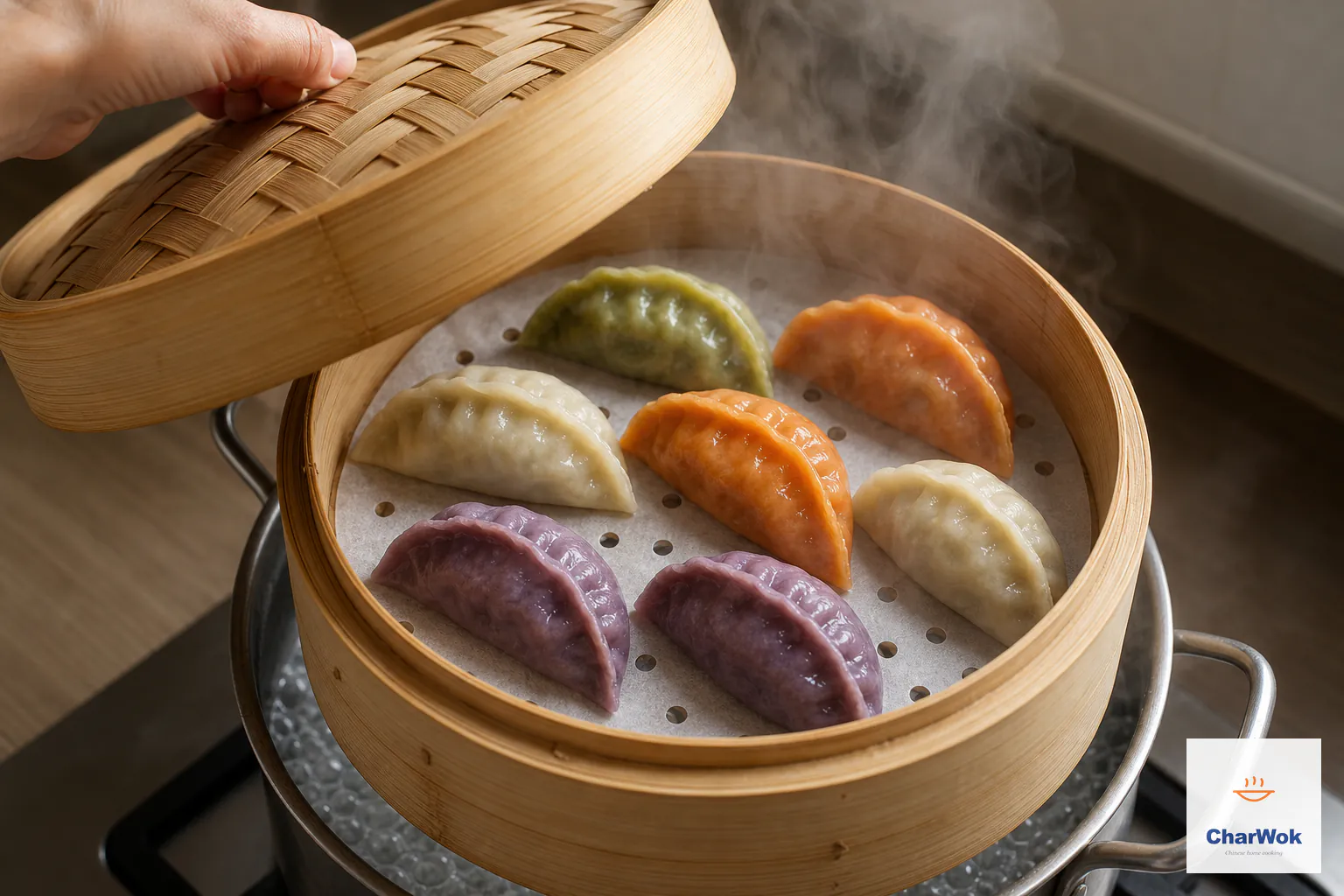 A bamboo lid lifts from crescent-shaped green, orange, purple and ivory dumplings spaced on perforated parchment above fully boiling water