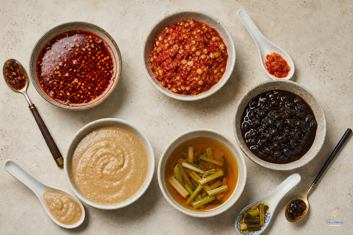 Homemade chili oil, pickled chili garlic sauce, black bean sauce, sesame paste and scallion oil
