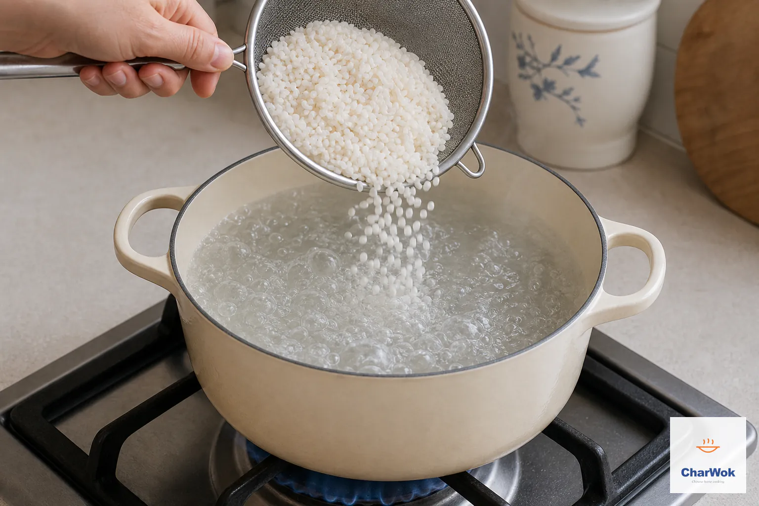 Rinsed raw white rice pours from a fine-mesh strainer into a cream pot of clear water already at a full rolling boil