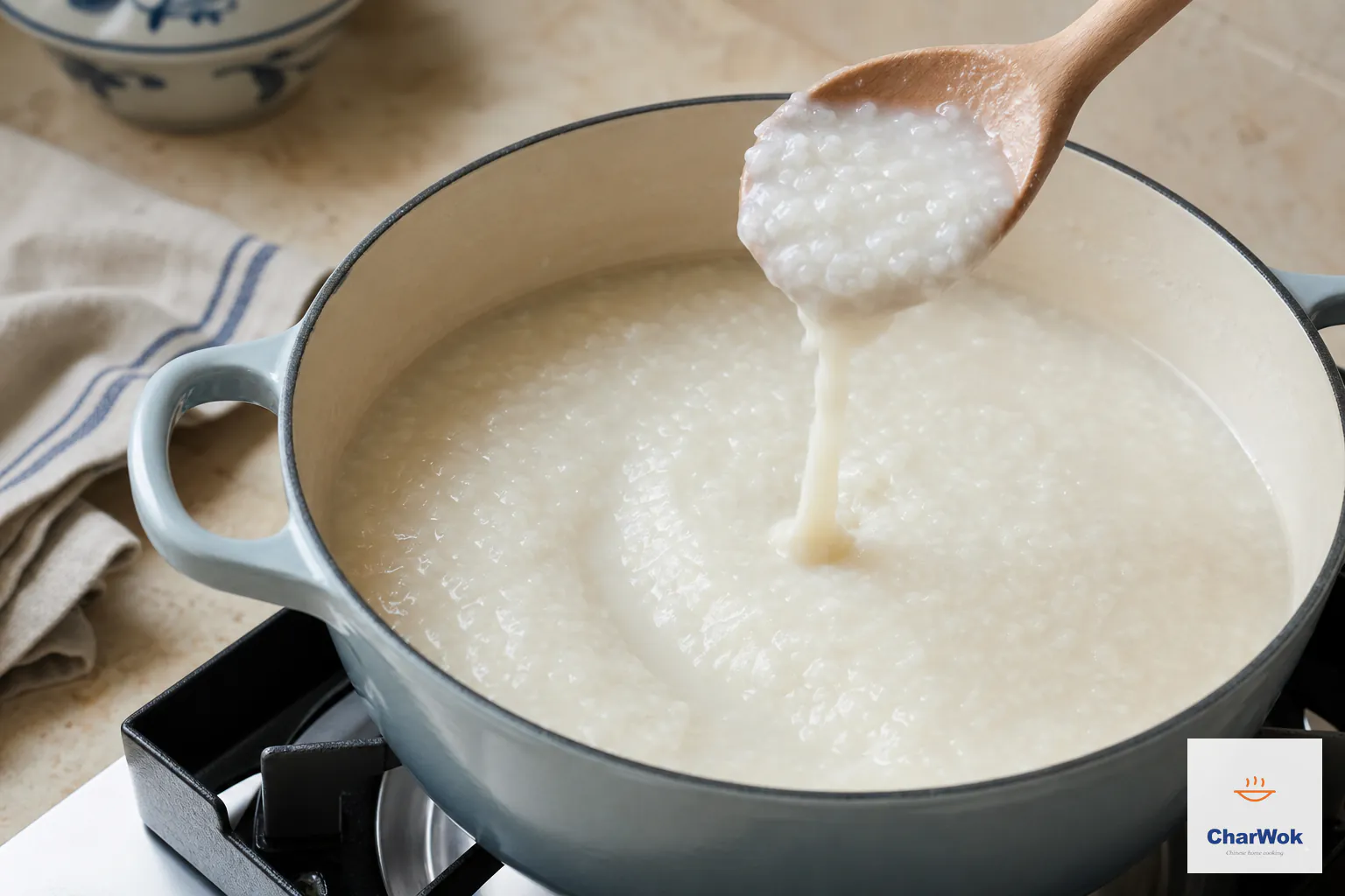 Finished plain congee falls from a wooden spoon in a slow ribbon beside a visible trail through the pot that is gradually flowing closed