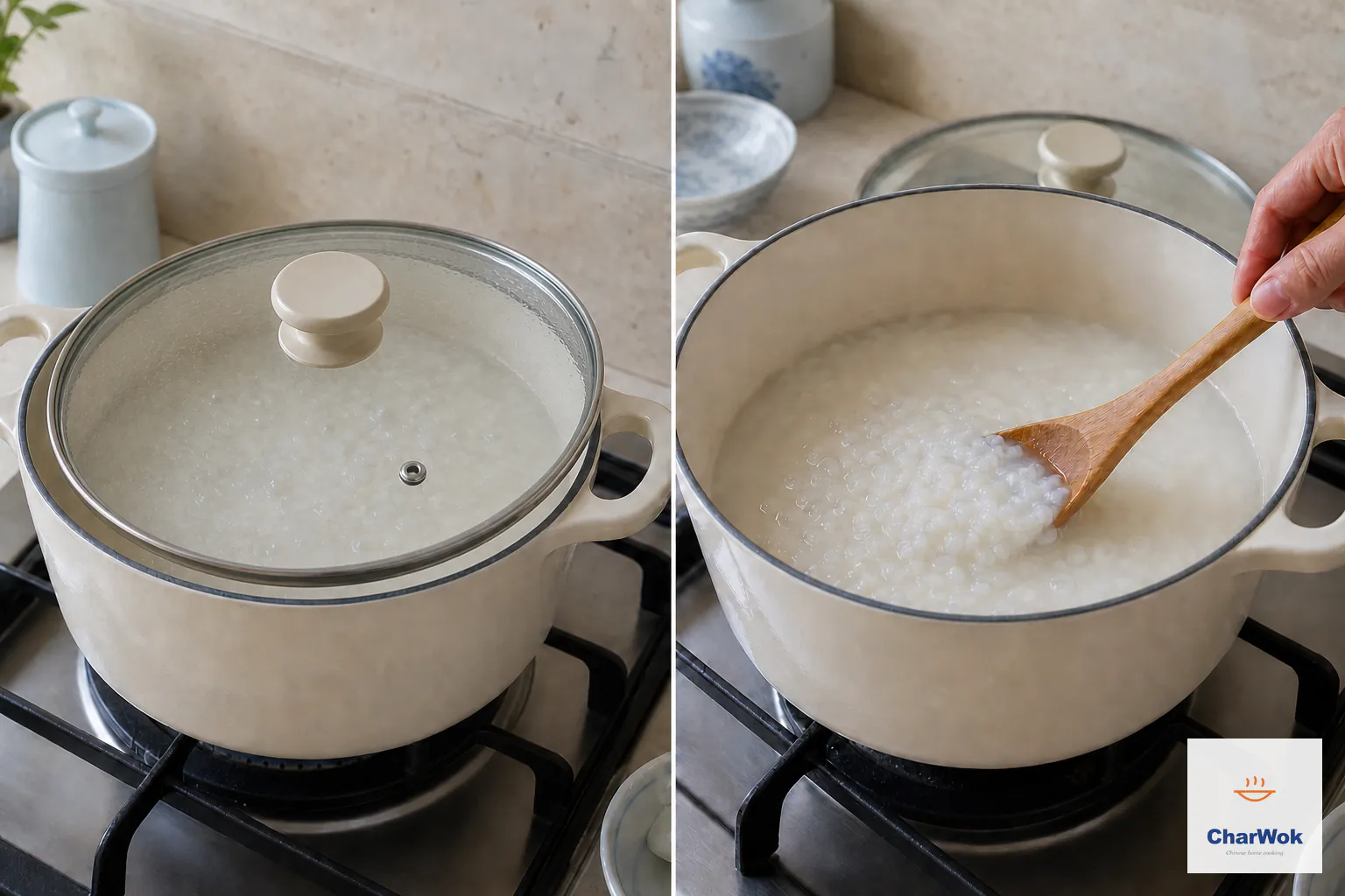 Two panels show a glass lid lifted one narrow crescent above a quiet congee simmer and a wooden spoon scraping softened rice from the clean bottom mid-cook