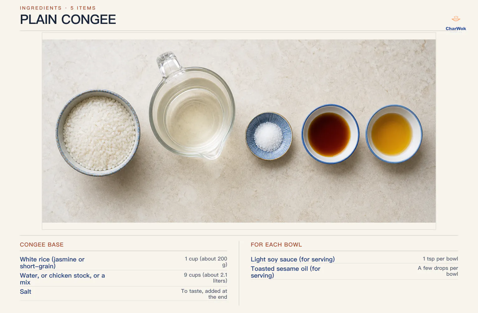 Plain congee ingredients labeled in English: 1 cup or about 200 grams jasmine or short-grain white rice, 9 cups or about 2.1 liters water, chicken stock or a mix, fine salt to taste added at the end, 1 teaspoon light soy sauce per bowl, and a few drops toasted sesame oil per bowl