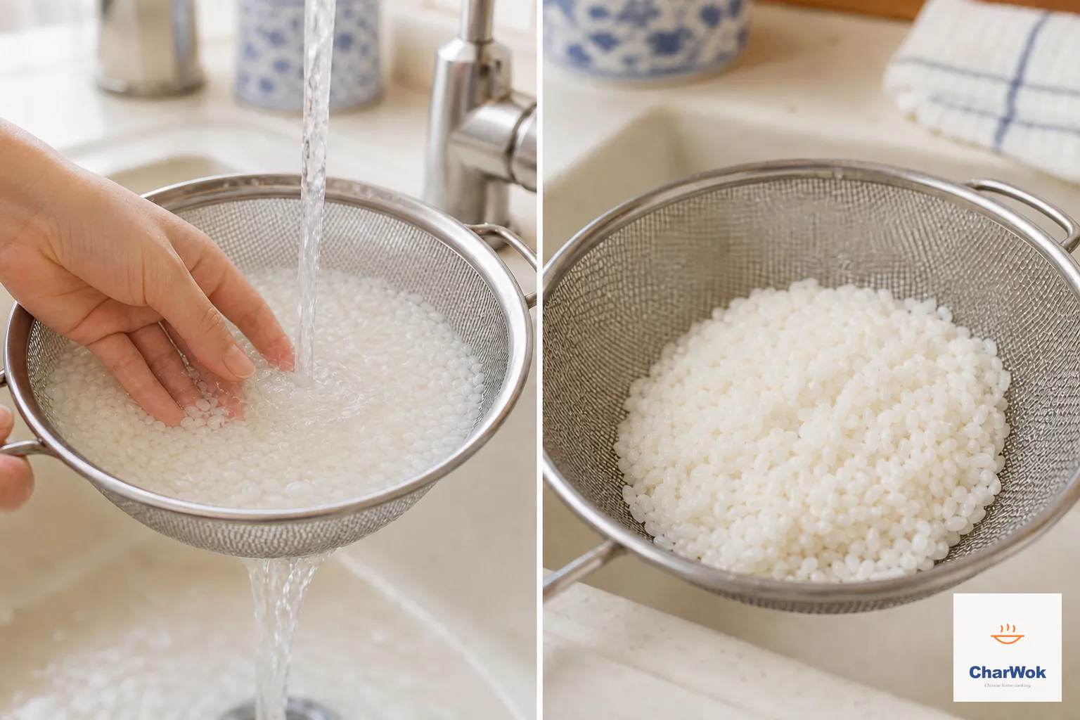 Two panels show white rice gently swept with open fingertips under slightly cloudy cold water, then fully drained in a fine-mesh strainer