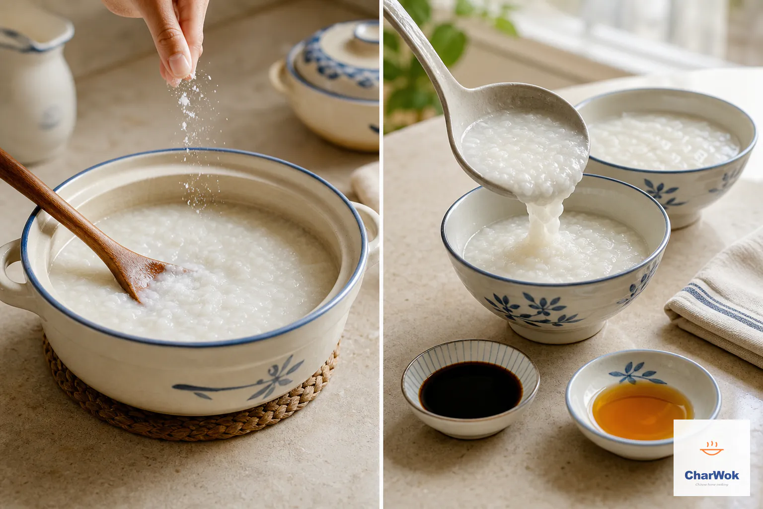 Two panels show fine salt added only to cooked congee off heat and plain congee ladled into bowls beside separate light soy sauce and toasted sesame oil
