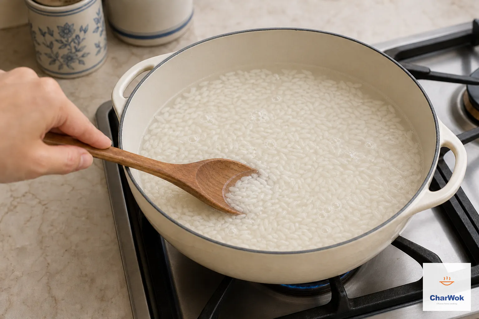 A wooden spoon sweeps separate rice grains across the clean pot bottom over the tiniest blue flame while only a few lazy bubbles break lightly cloudy water