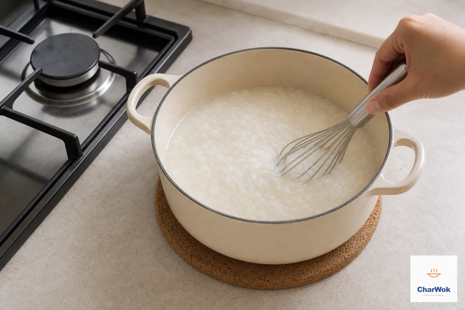 The congee pot rests off the burner on a cork trivet while a balloon whisk leaves a circular wake in smooth but still pourable white porridge