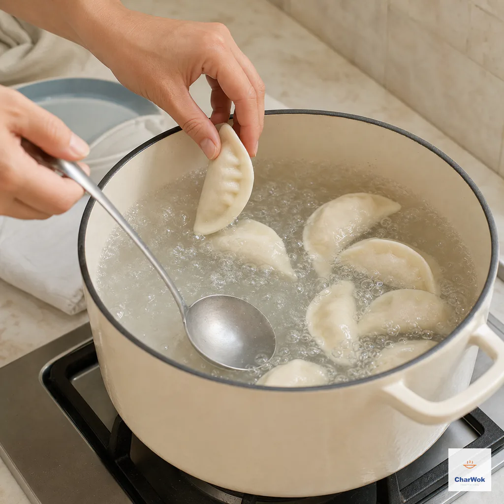 One ivory crescent dumpling is slid low along the pot edge while the back of a rounded ladle gently sweeps the bottom among separate dumplings