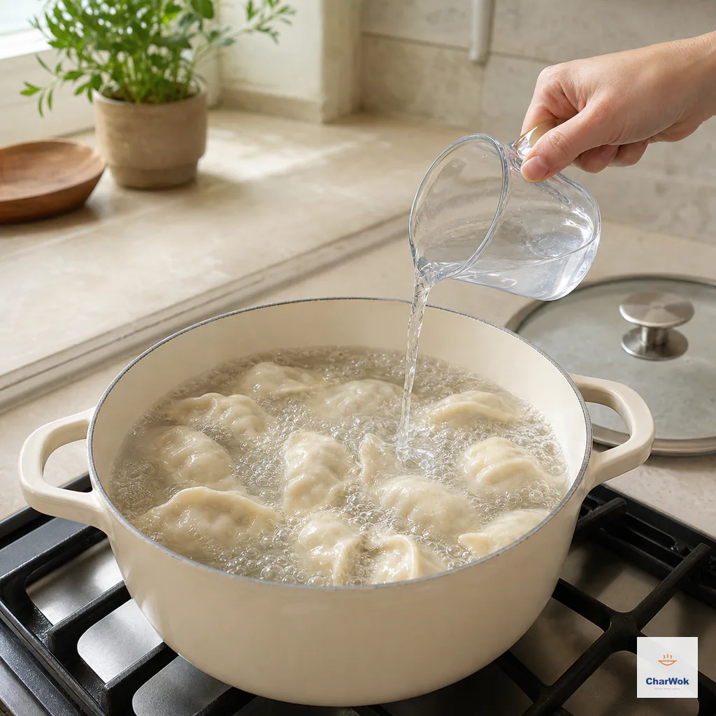 A clear cup pours cold water into a full boil of intact dumplings while the fitted lid waits safely beside the pot