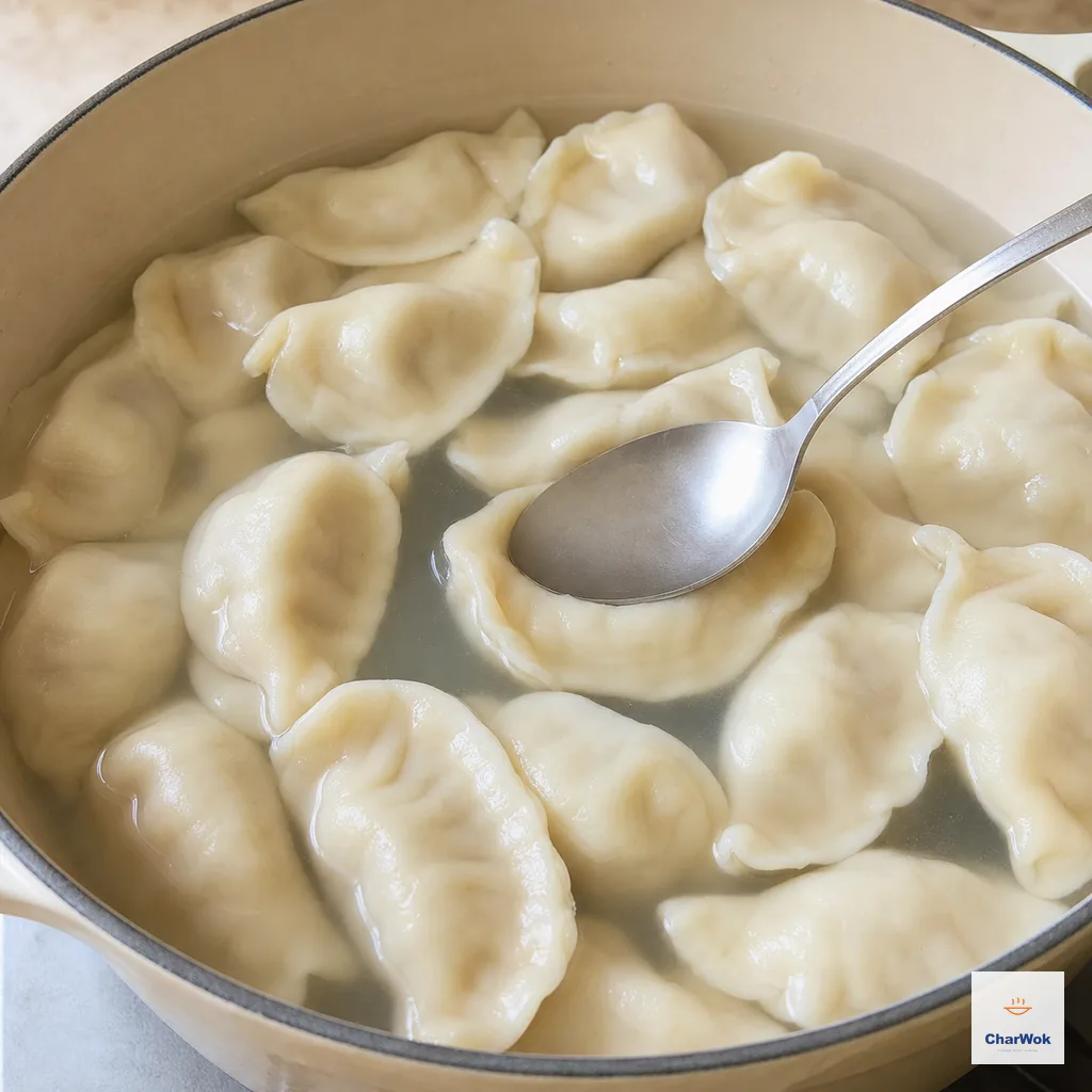 Plump dumplings float in calm hot water with slightly translucent pleats while a spoon gently tests one wrapper for spring-back