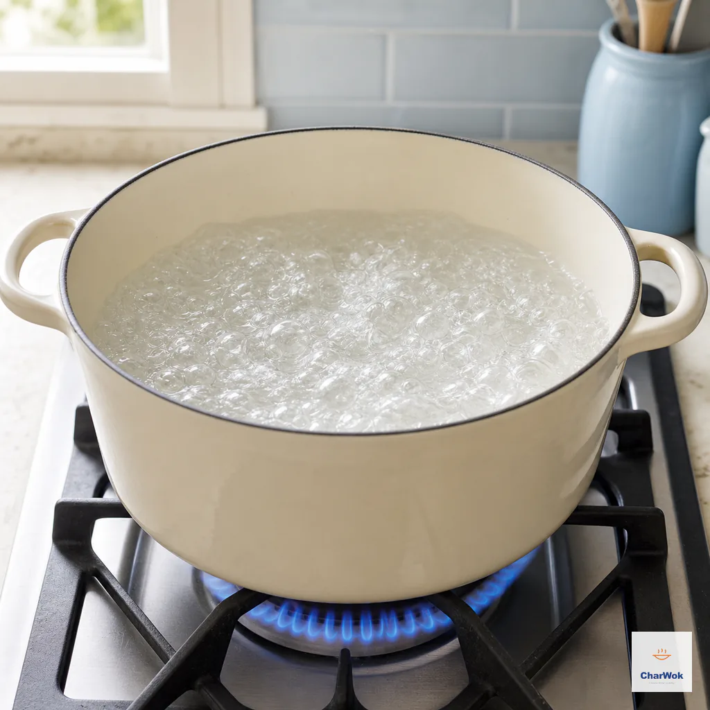 A wide cream pot holding abundant clear water at a full rolling boil before any dumplings are added