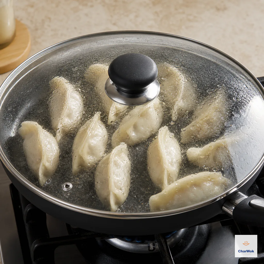 Tender dumpling tops remain visible through a fully seated condensed glass lid while only the last shallow beads of water remain