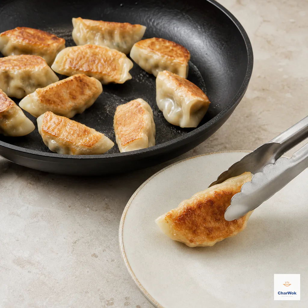 A dumpling with an evenly crisp deep-golden base is turned bottom-up onto a plate beside the completely dry skillet