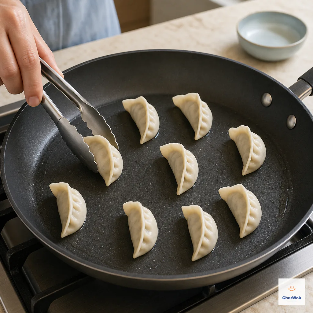 Ten raw crescent dumplings stand with even gaps in a heavy nonstick skillet coated by only a thin glossy film of neutral oil