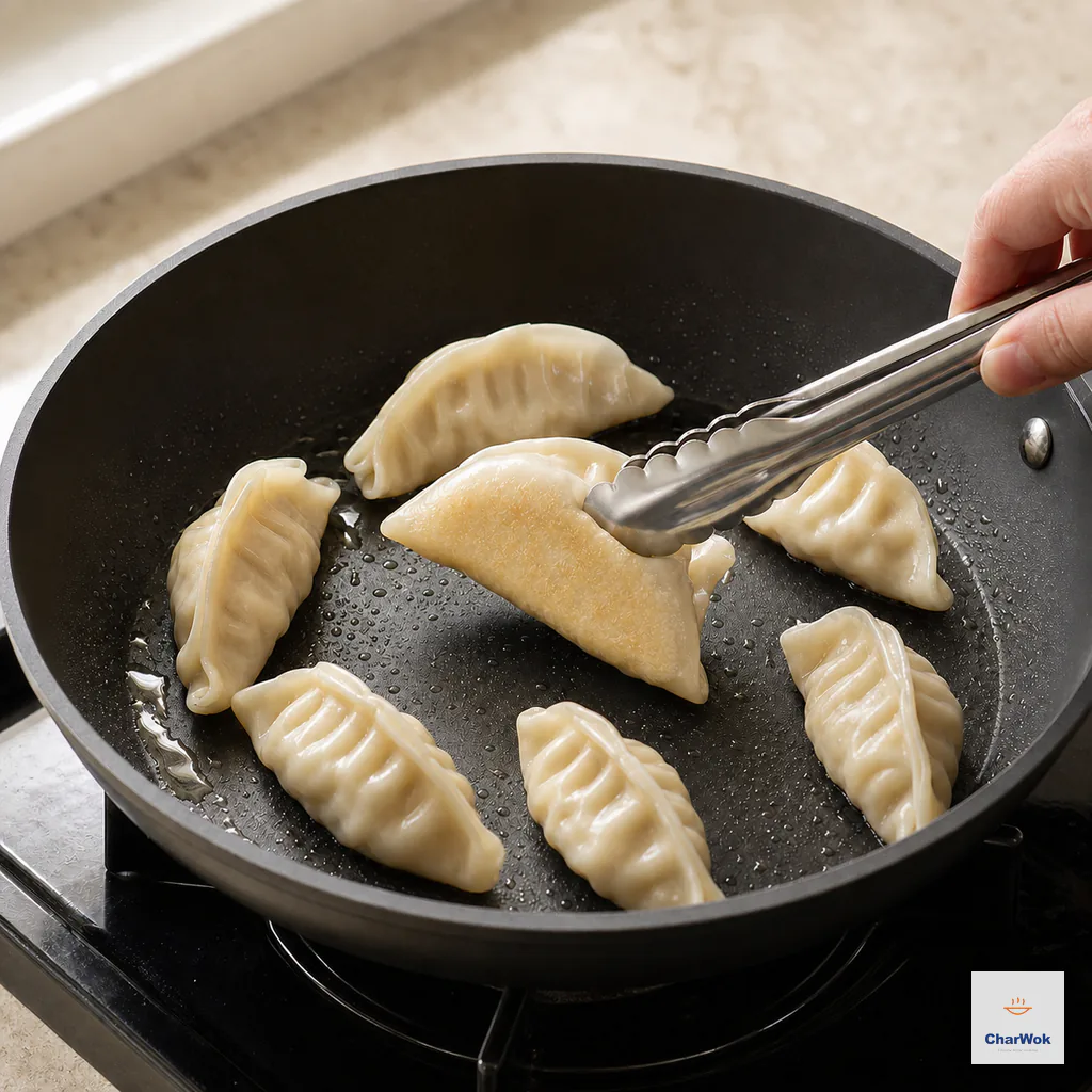 Tongs lift one untouched dumpling just enough to reveal a set, evenly pale-golden underside while the others stay spaced in the pan