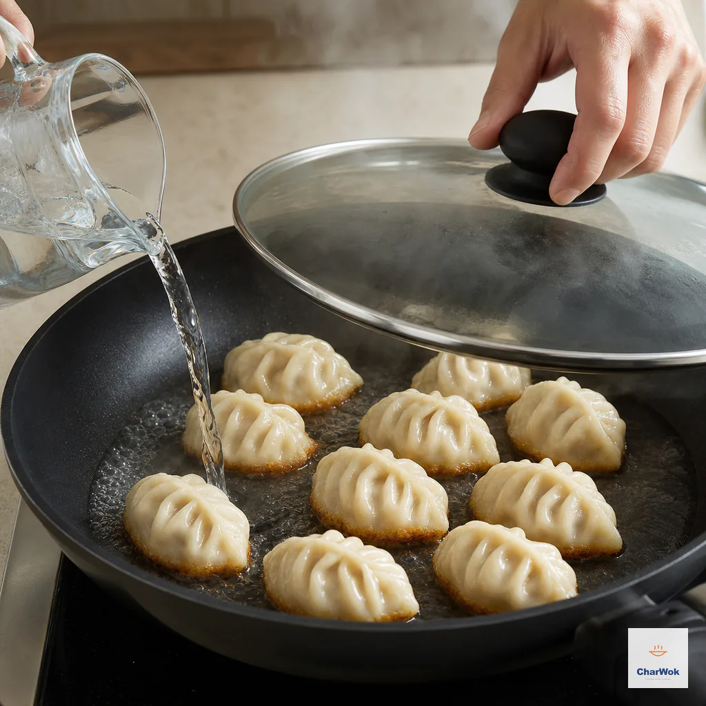 Clear cold water reaches one-third up pale-gold dumplings as a fitted glass lid is lowered immediately over the steaming skillet