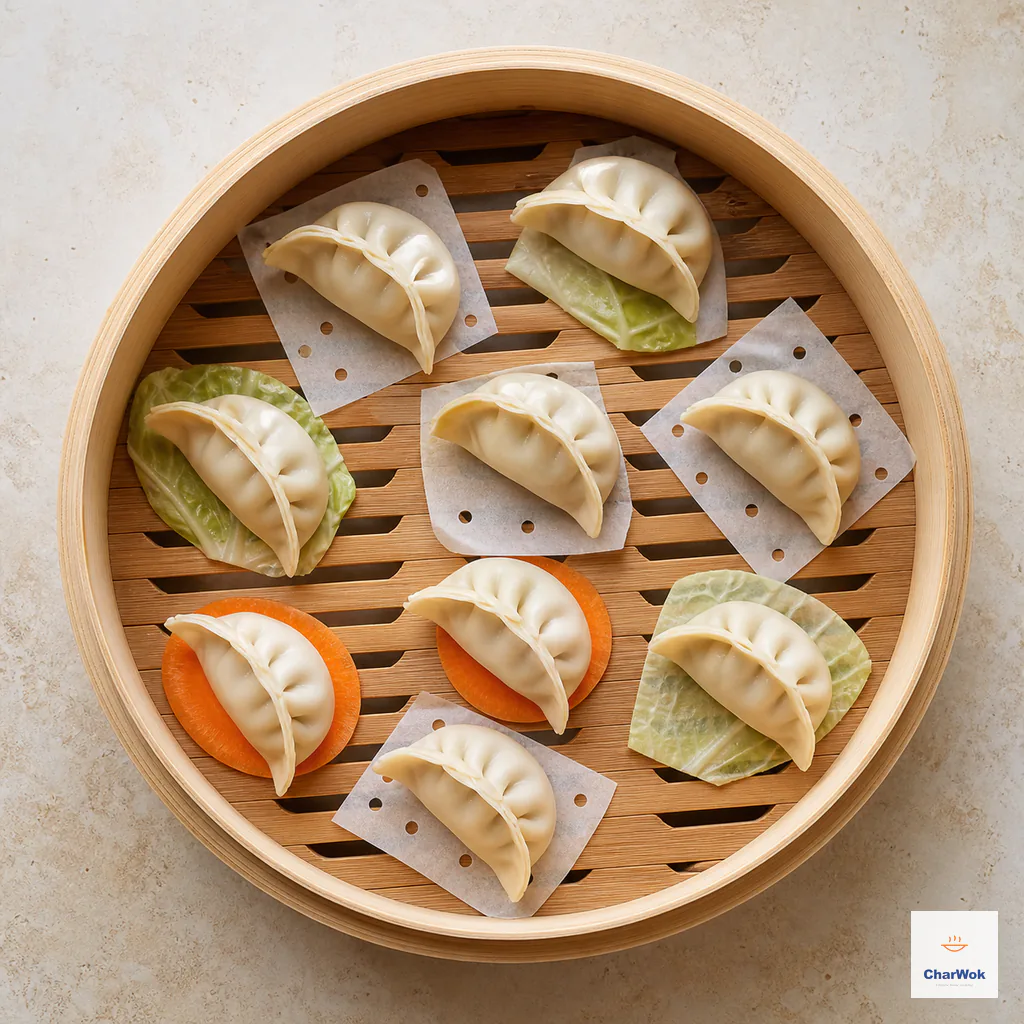 Neatly pleated crescent dumplings sit on individual carrot, cabbage or parchment liners with a clear gap between every piece