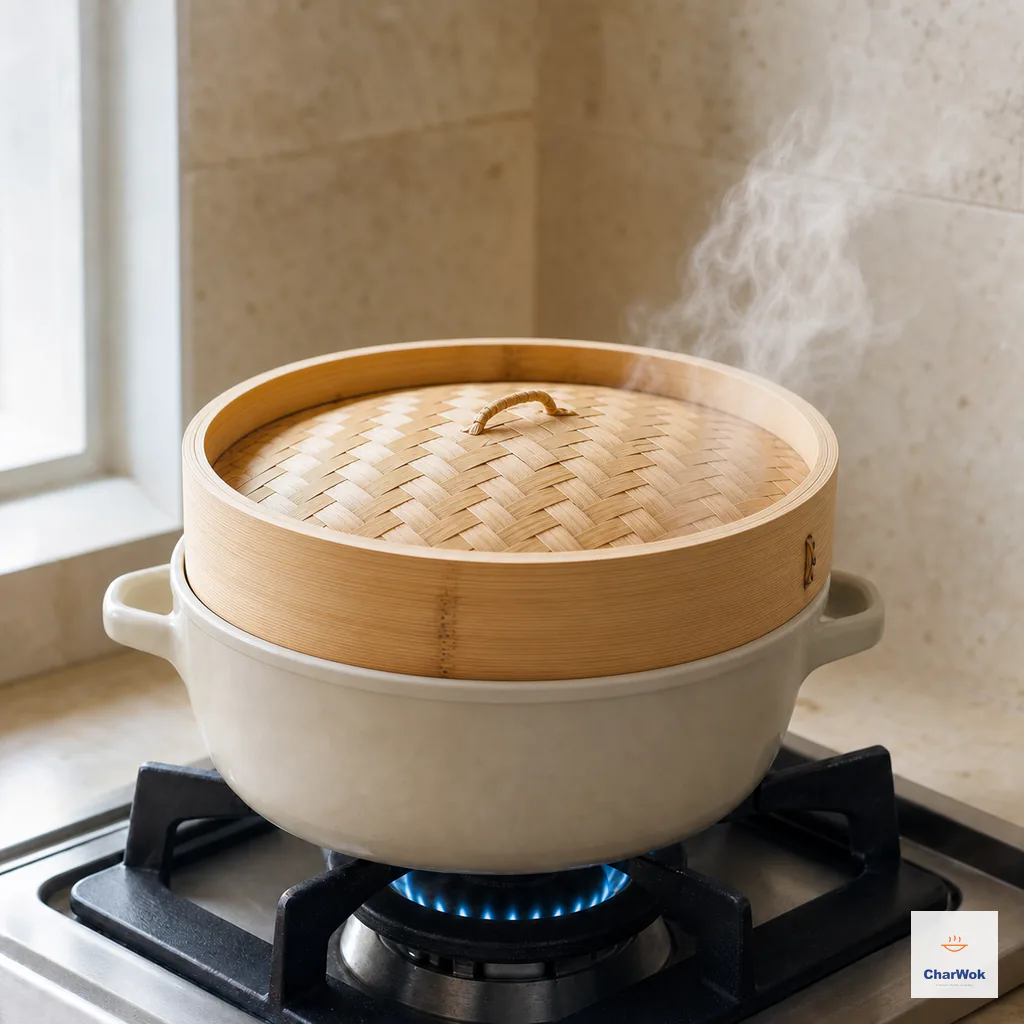 One bamboo steamer basket stays fully covered on a cream pot over a controlled medium blue flame with steady steam at the rim