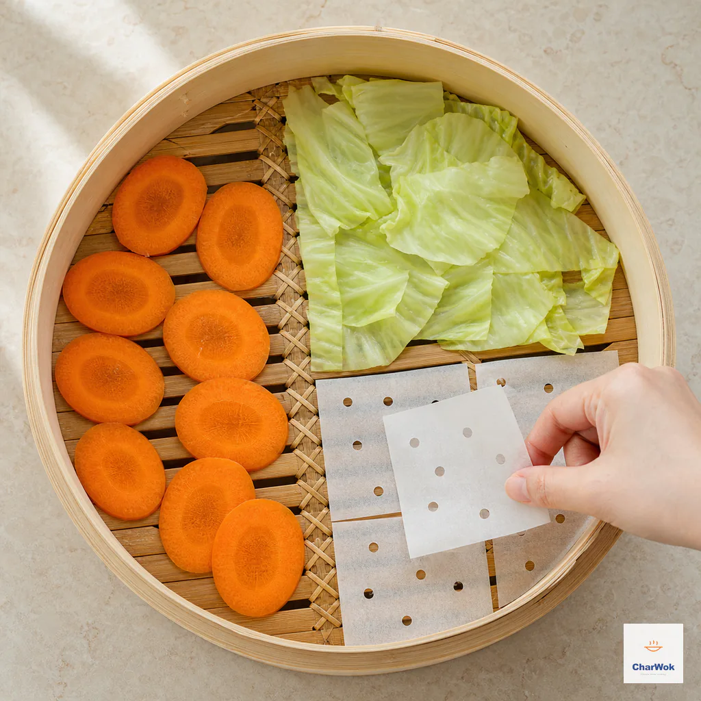 An empty bamboo basket shows separate zones of carrot rounds, cabbage pieces and perforated parchment squares as alternative nonstick liners
