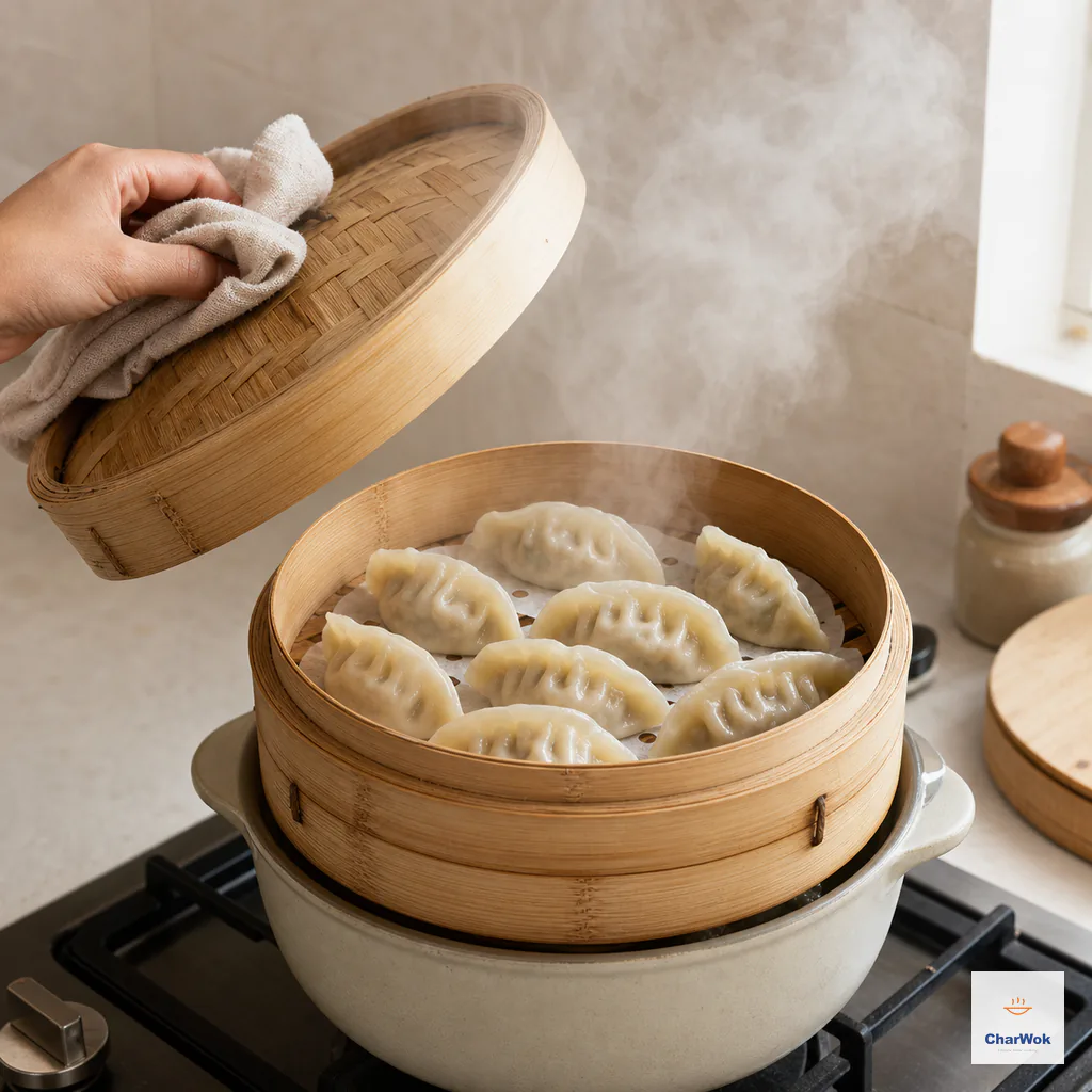 A cloth-protected hand tilts the bamboo lid away from the body while steam escapes beyond glossy intact dumplings and the burner remains off