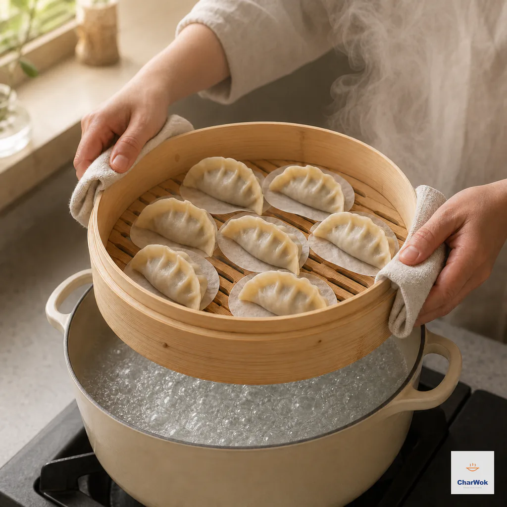 Cloth-protected hands lower a filled bamboo basket from the side over water already at a full rolling boil, with steam rising safely at the far back