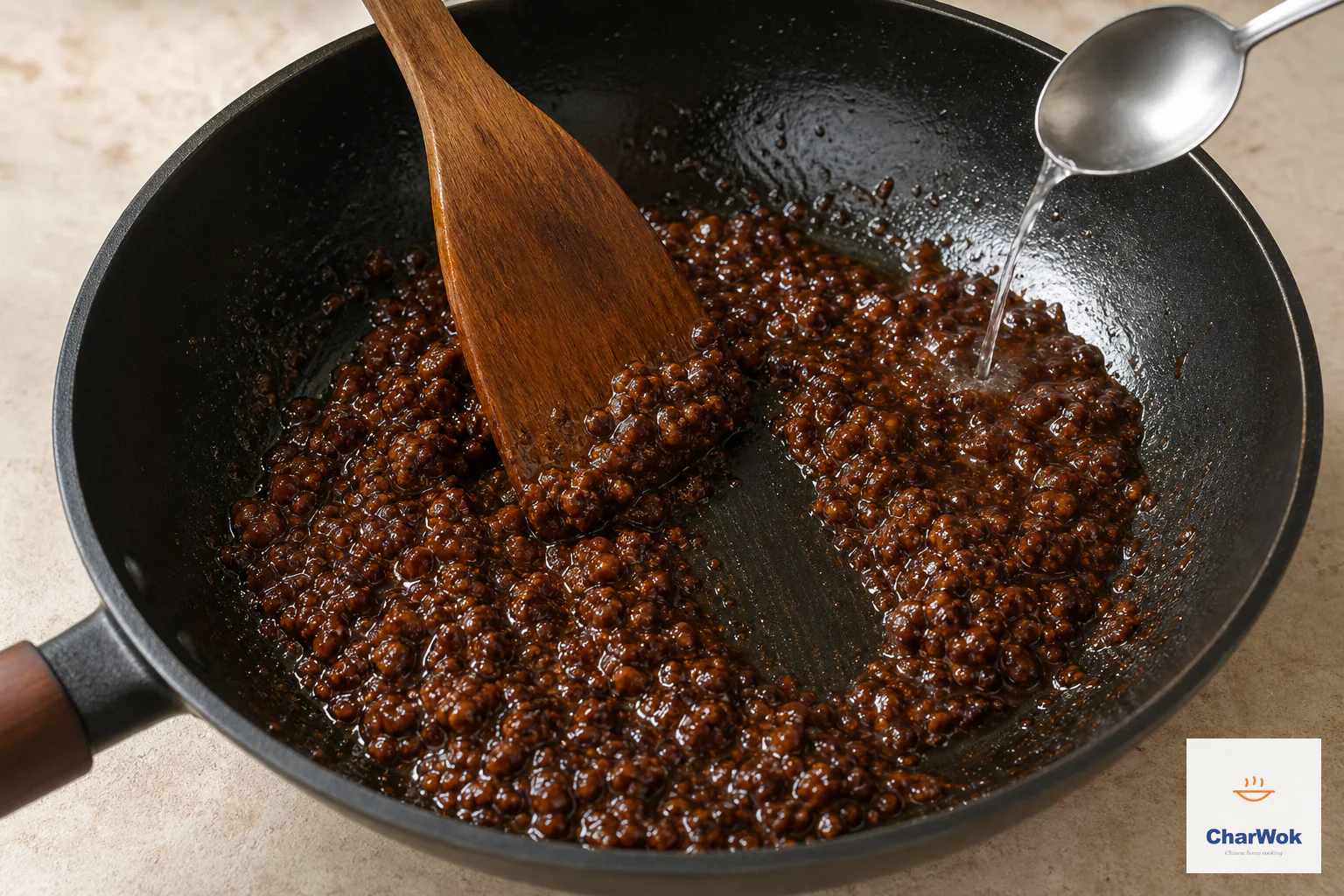 Hot water streams around glossy minced-pork bean sauce while a wooden spatula exposes the clean wok bottom during Beijing-style low frying