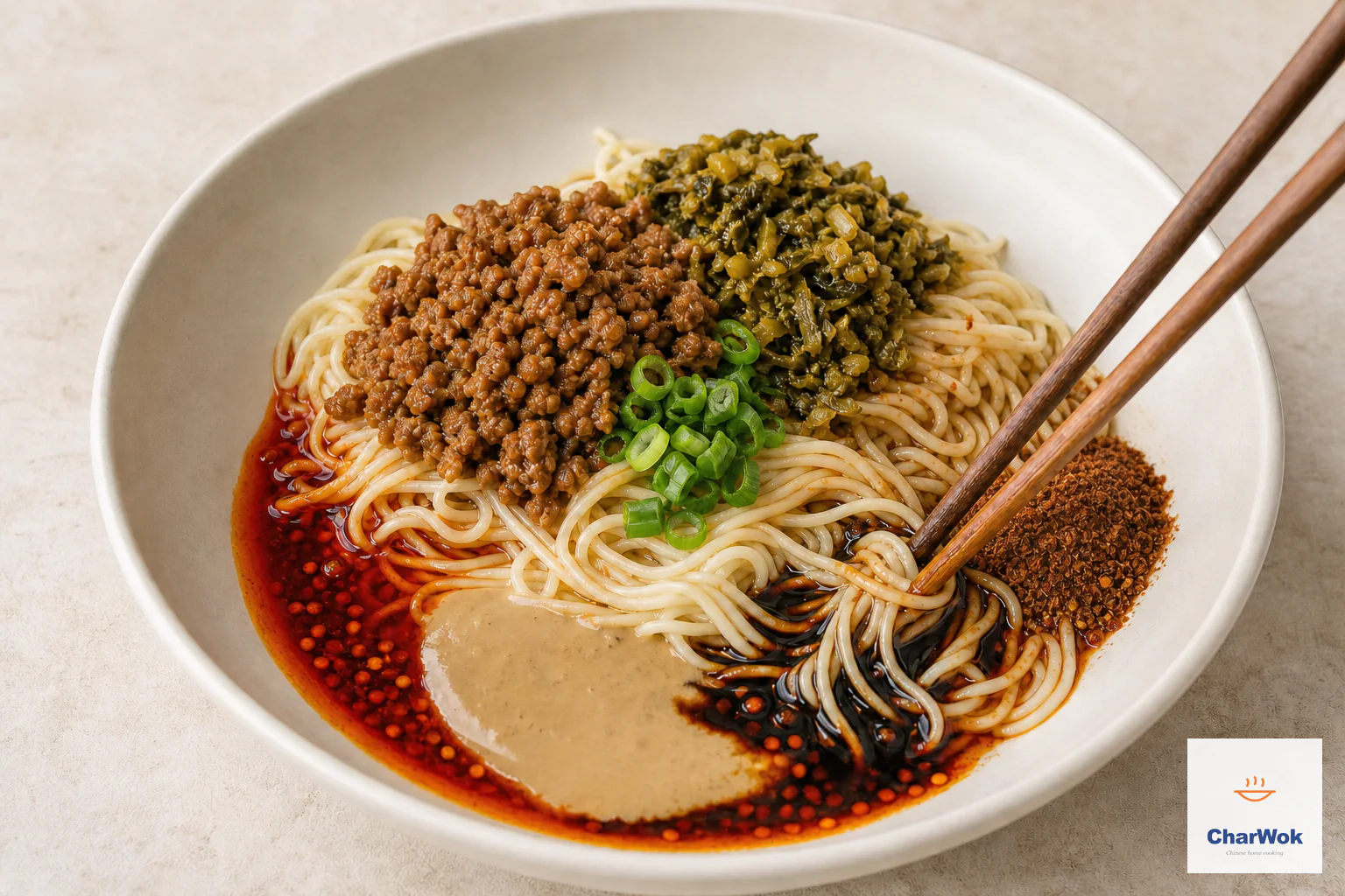 Dan Dan noodles hold separate layers of chili oil, sesame paste, black vinegar, soy, browned pork, preserved mustard greens, scallion and ground Sichuan pepper before tossing