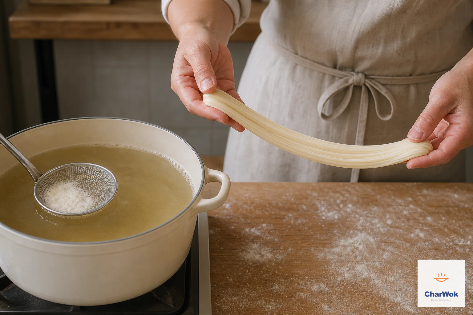 Clear pale-gold beef broth is skimmed at a bare simmer beside two hands stretching a rested bundle of parallel noodle strands
