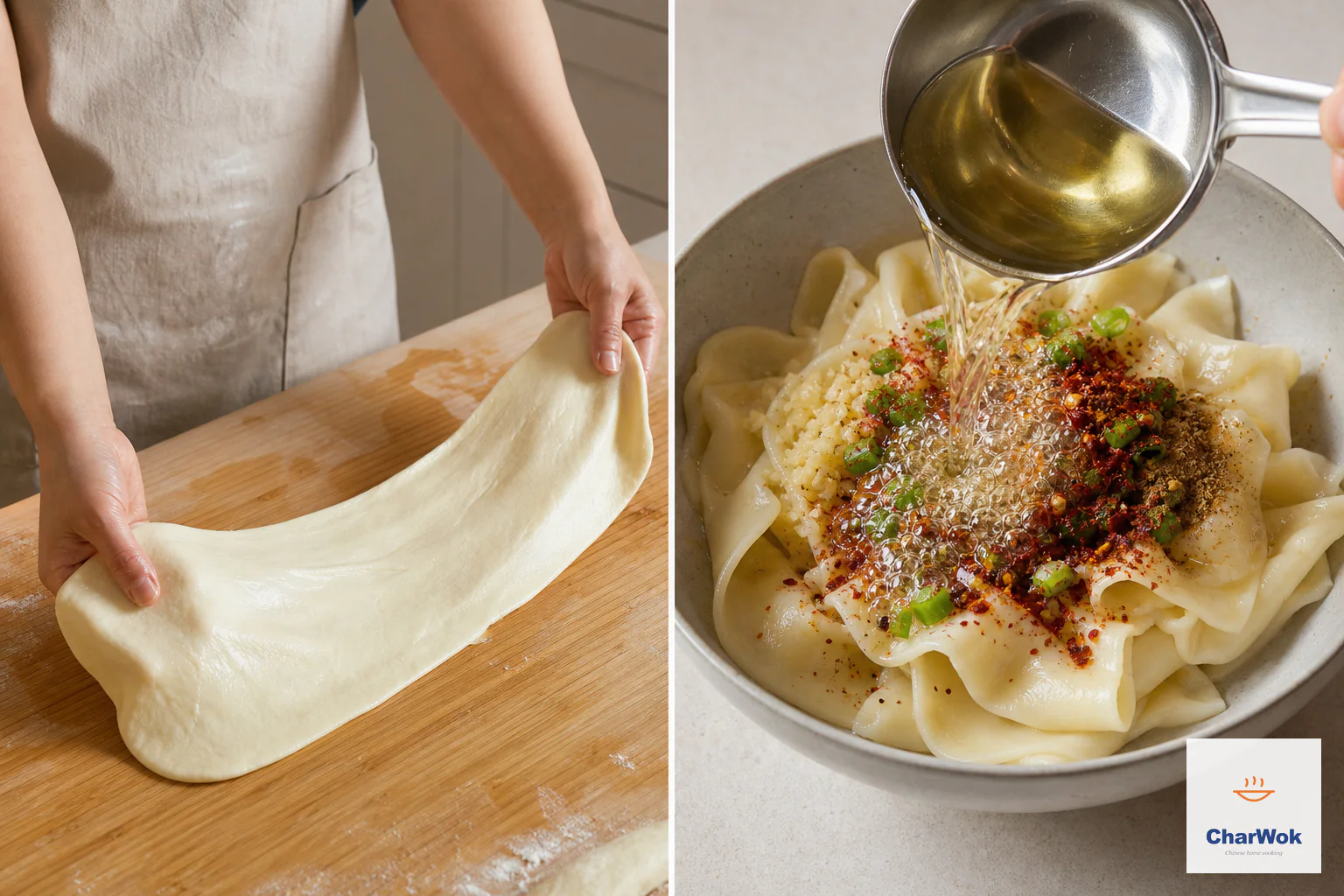 Two panels show hands slapping and stretching one broad Biang Biang noodle and hot oil blooming garlic, scallion, chili and spices over cooked belt noodles