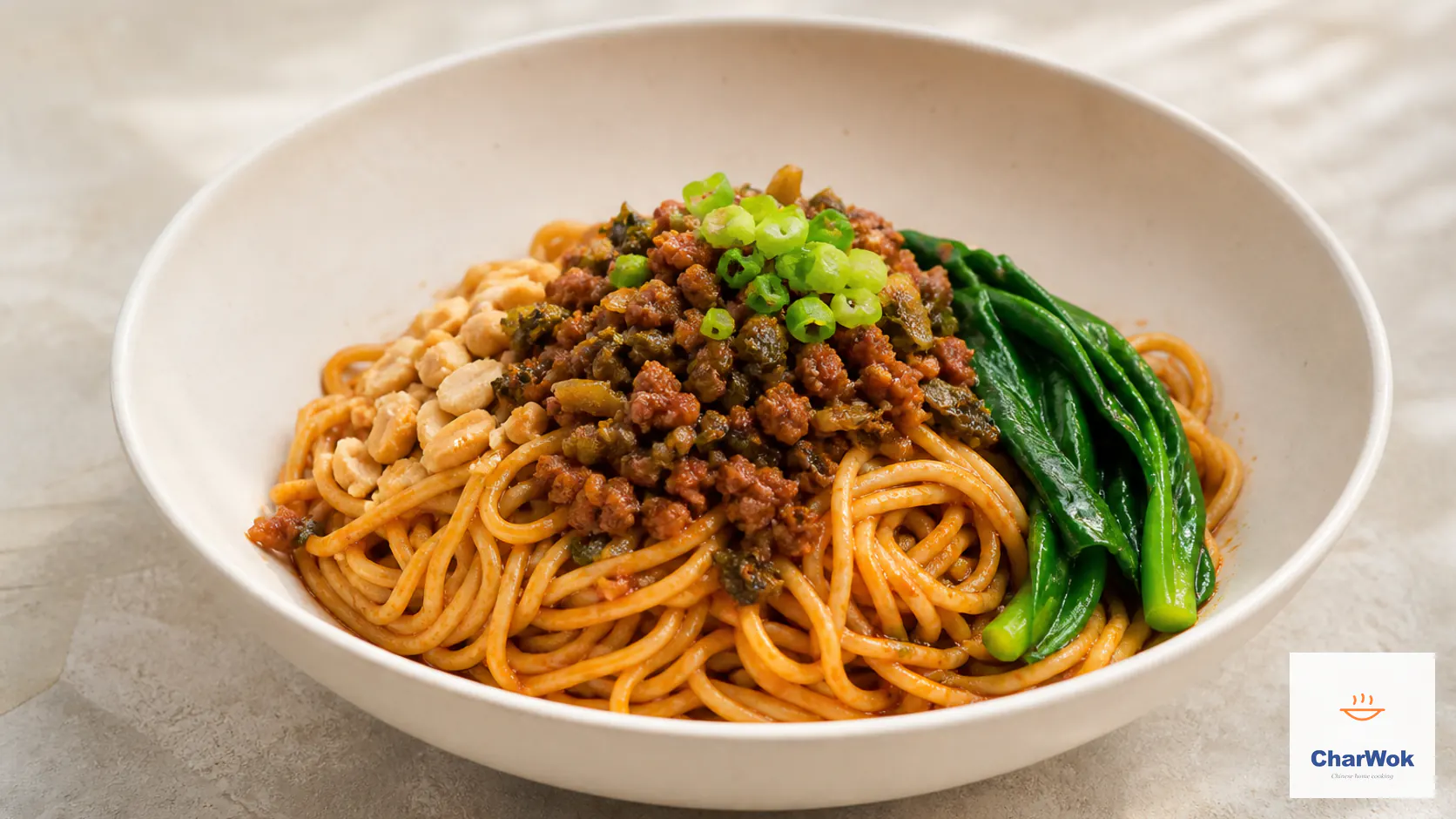 Sichuan dan dan noodles with thin wheat noodles coated in sesame-chili sauce, loose browned pork and ya cai, crushed peanuts, leafy greens, and scallion