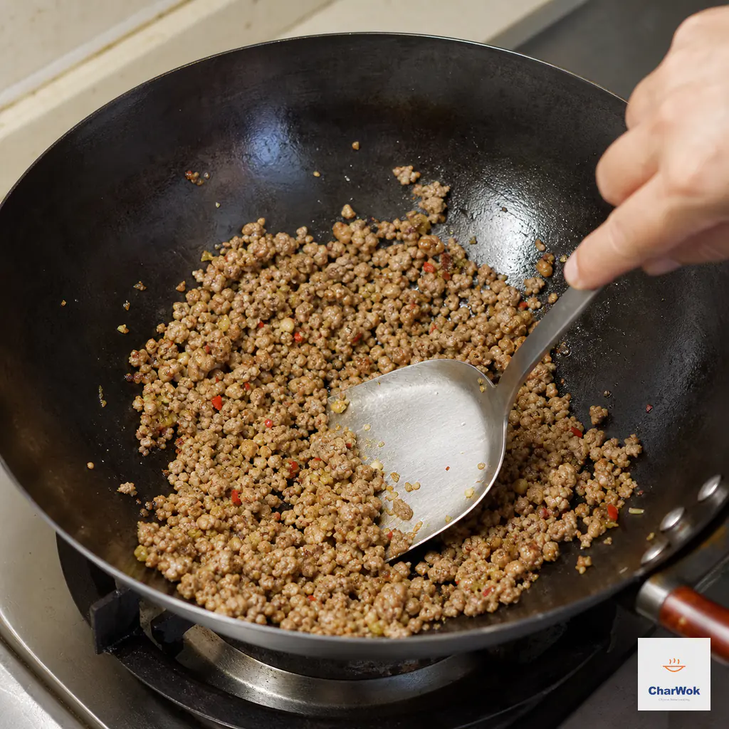 Fully cooked ground pork is pressed into fine loose grains with ginger, ya cai, and chili flakes in a nearly dry carbon-steel wok