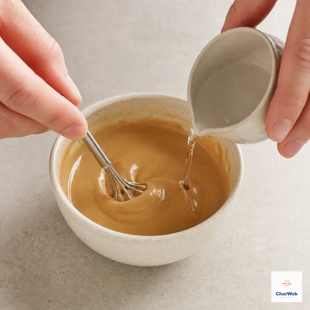 Warm water is added in a small stream while Chinese sesame paste is whisked into a smooth glossy semi-runny cream without lumps or split oil