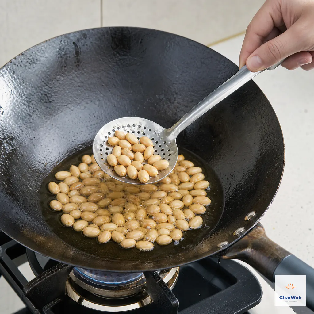 Skinless peanuts warm gently in neutral oil over a low flame as a slotted spoon lifts them while they are an even light golden color