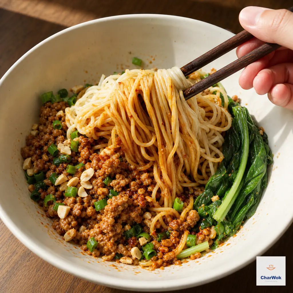 Chopsticks lift thin noodles from the bottom of a dan dan noodle bowl so the sesame-chili sauce coats each strand beside pork, peanuts, greens, and scallion