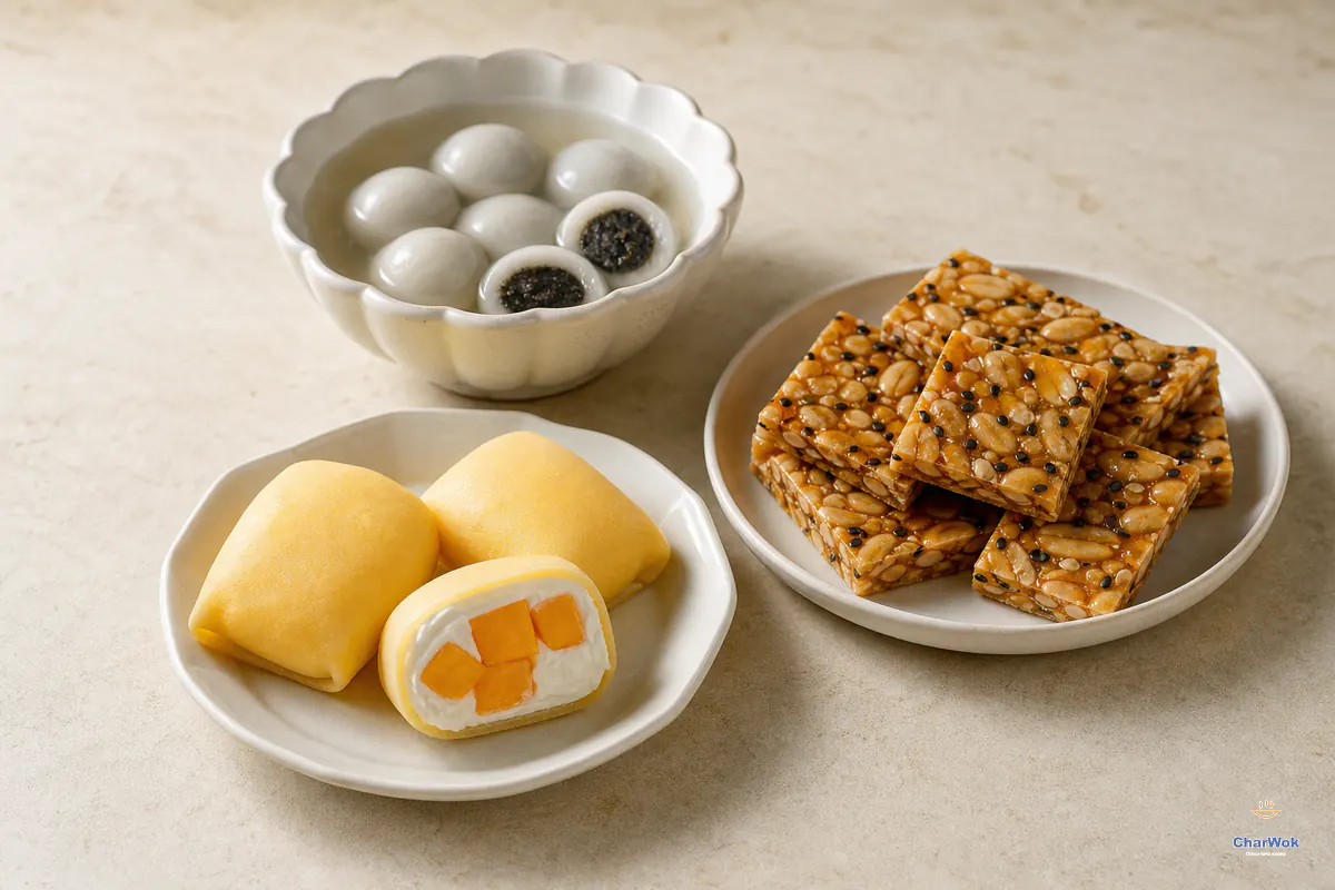 Black sesame tang yuan, mango pancakes and peanut sesame brittle