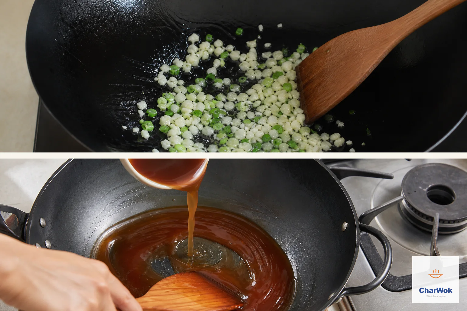 Two panels show pale garlic and scallion blooming in a thin oil film over low heat, then the wok resting beside the unlit burner while thin brown sauce is poured and stirred