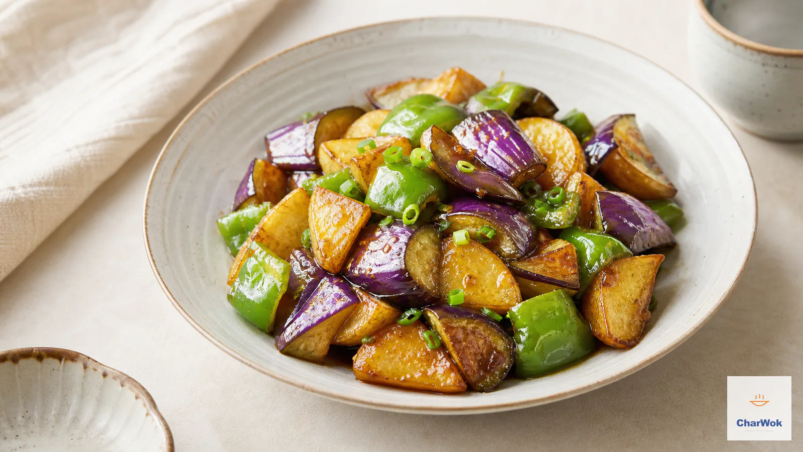 Di San Xian with glossy eggplant, golden potato and green pepper in a thin savory glaze