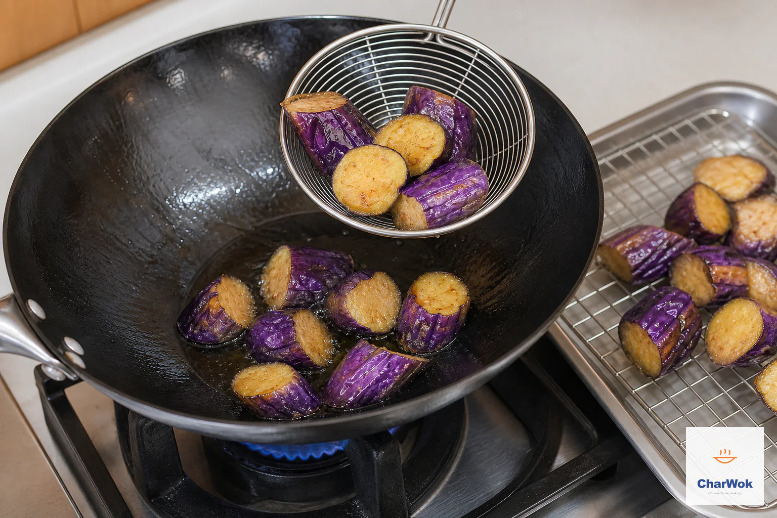 Purple-skinned eggplant chunks develop a thin golden crust over high heat as a skimmer transfers them to a draining rack