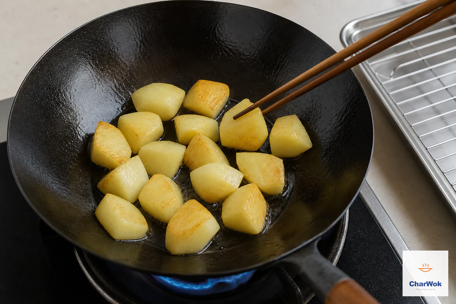 Potato chunks shallow-fry over a medium blue flame until pale gold while chopsticks test one piece for tenderness