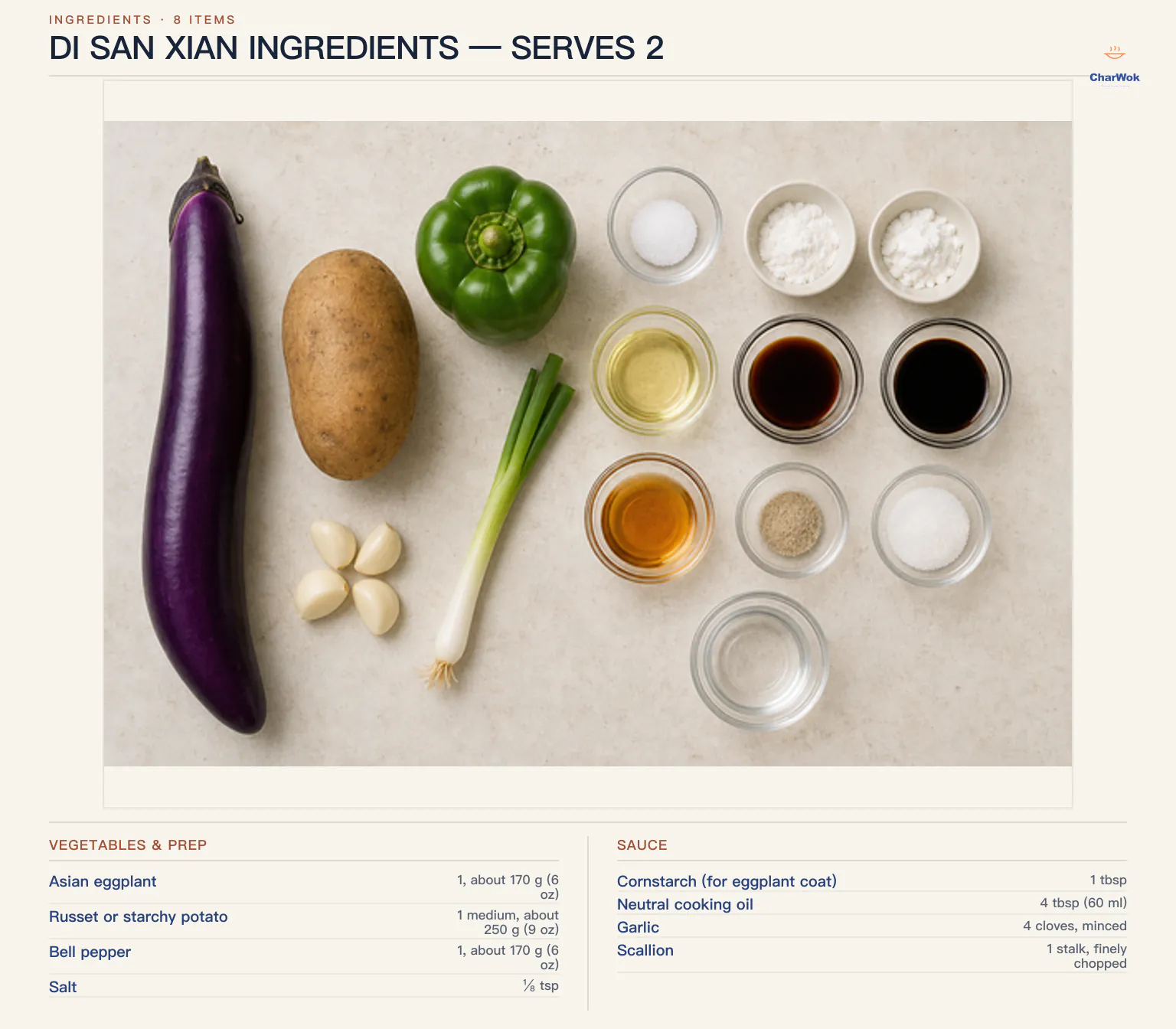 Di San Xian ingredients labeled in English: 1 Asian eggplant, 170 g or 6 oz; 1 medium Russet or starchy potato, 250 g or 9 oz; 1 green bell pepper, 170 g or 6 oz; 1/8 teaspoon salt; 1 tablespoon cornstarch for the eggplant; 4 tablespoons or 60 ml neutral oil; 4 garlic cloves; 1 scallion; and a sauce of 1 1/2 tablespoons light soy sauce, 1 teaspoon dark soy sauce, 1/2 tablespoon Shaoxing rice wine, 1 tablespoon cornstarch, 1/4 teaspoon white pepper, 1/4 teaspoon sugar and 5 tablespoons water