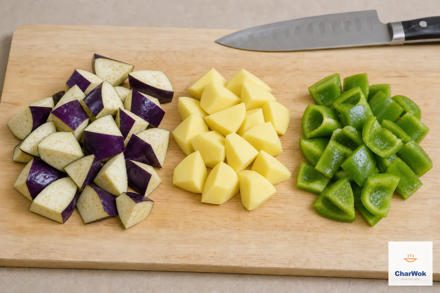 Three separate piles of similarly sized irregular chunks of purple-skinned eggplant, peeled potato and green bell pepper sit on a cutting board below a safely parked knife