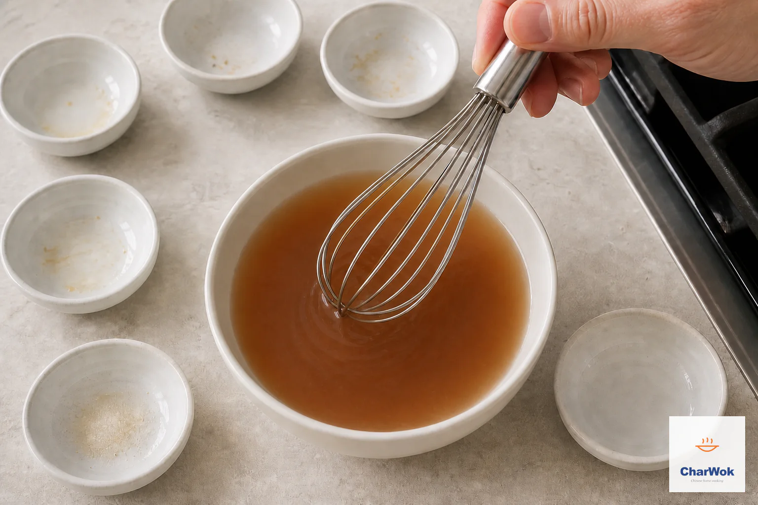 A whisk stirs a thin, translucent light-mahogany sauce in a white bowl beside seven emptied seasoning bowls