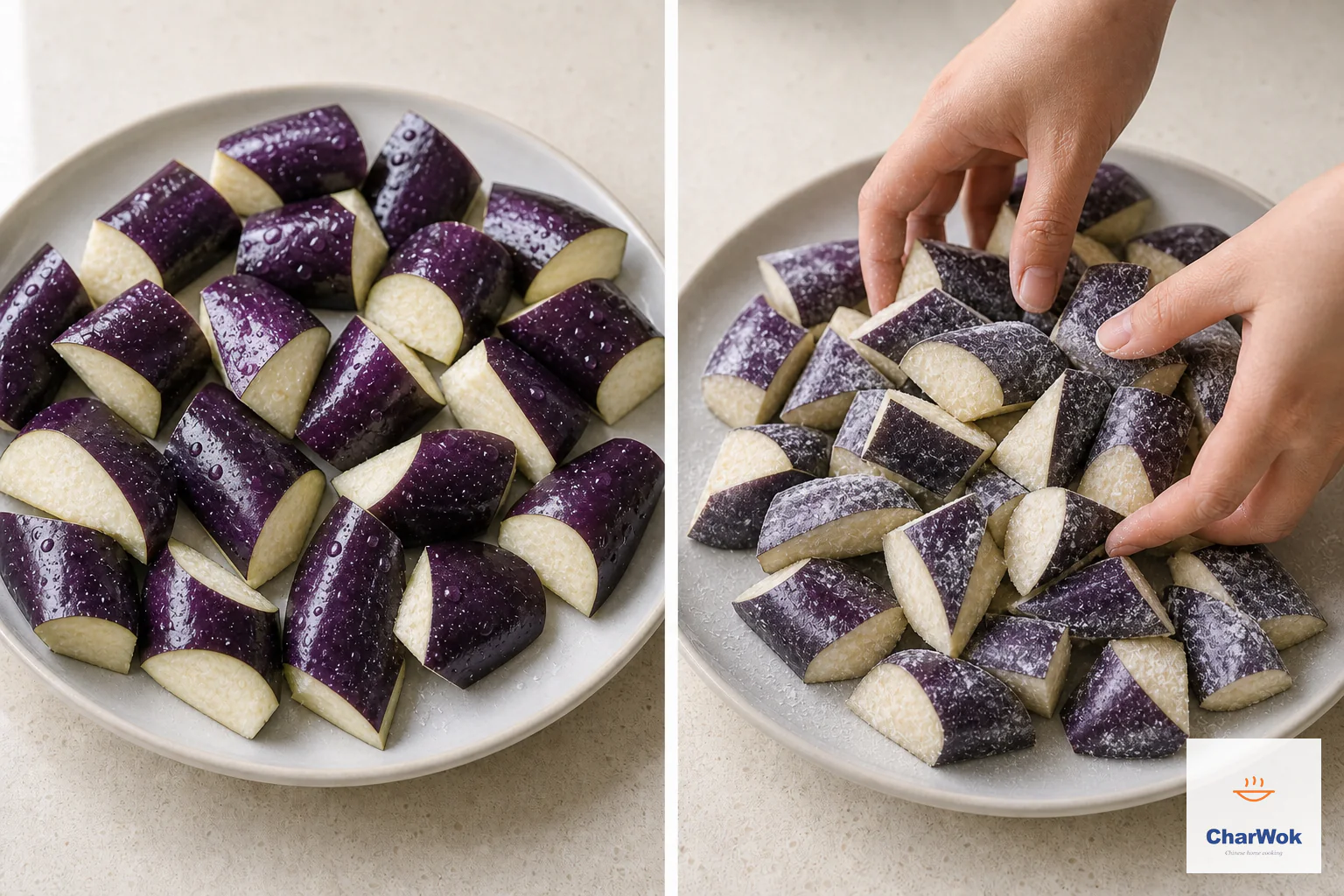 Two panels show salted roll-cut eggplant releasing moisture, then two hands applying only a thin, even dusting of cornstarch