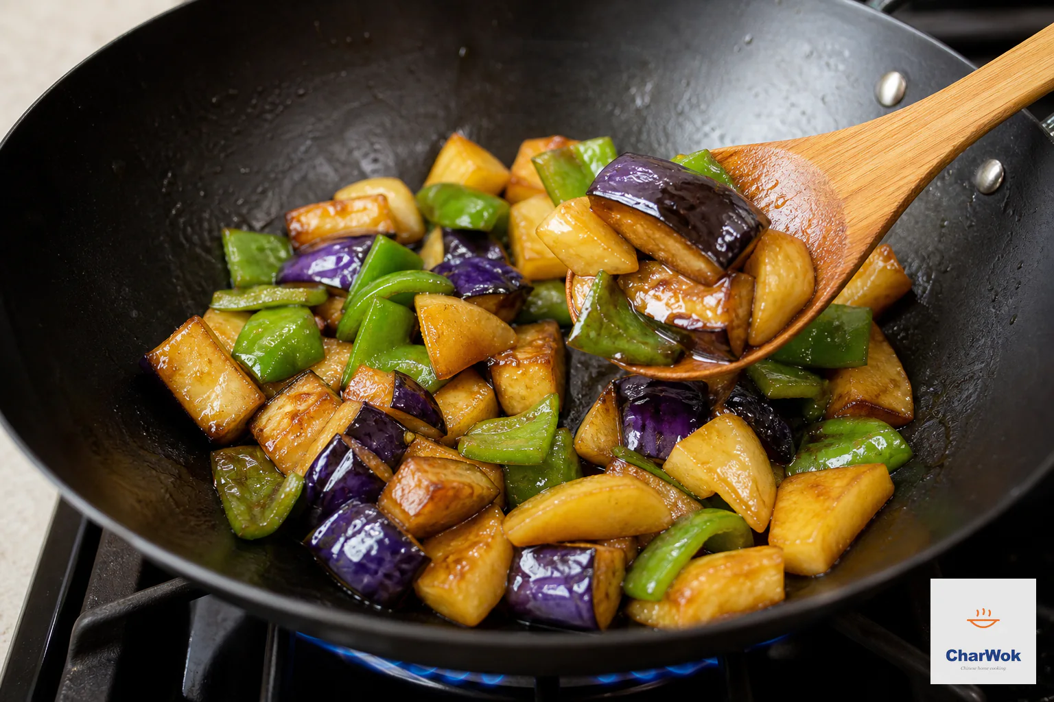 Eggplant, potato and green pepper remain distinct in the wok under a thin glossy coating, with a clean bottom and no pool of sauce