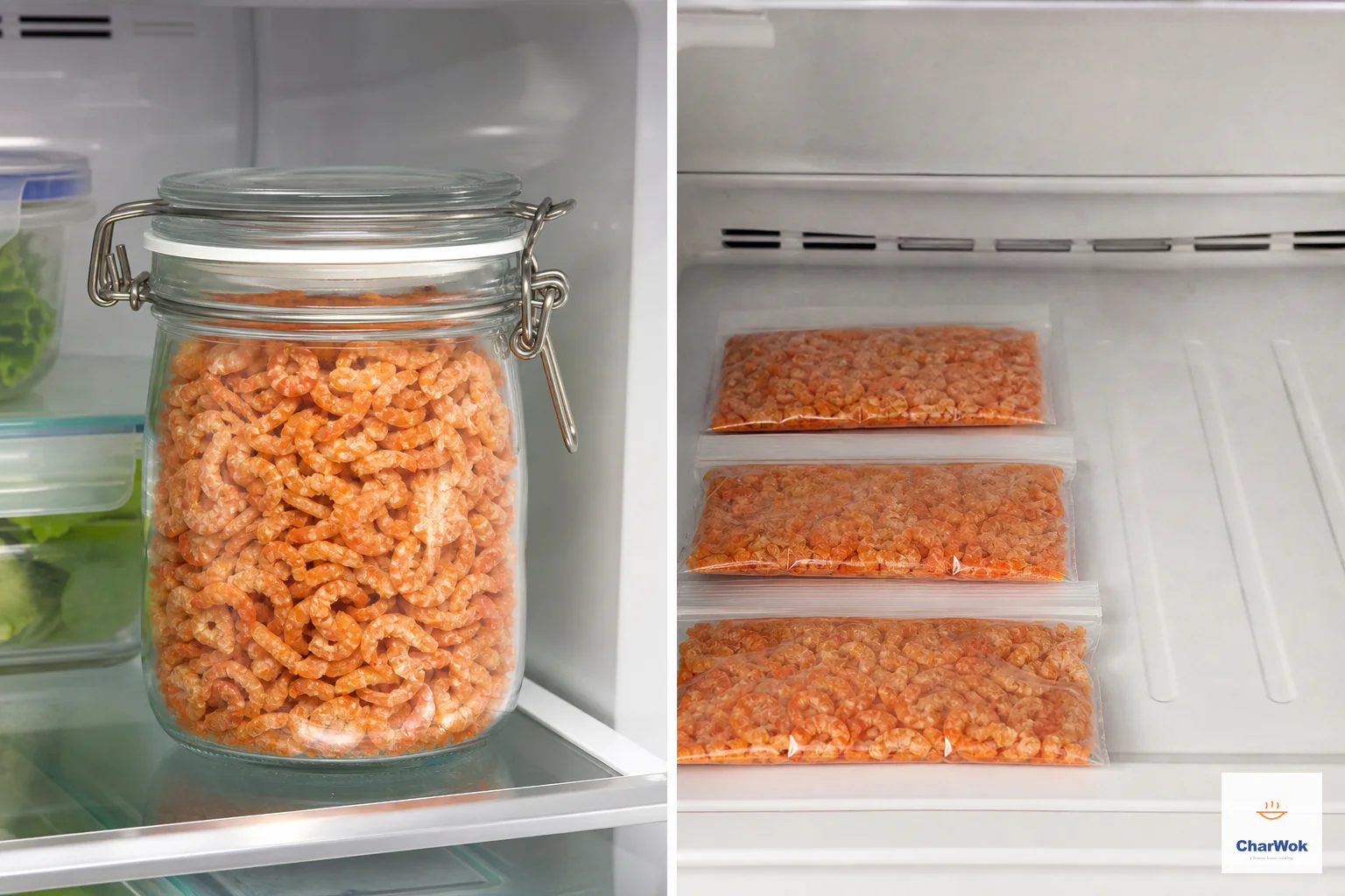 A sealed dry jar of regular dried shrimp sits in a refrigerator beside a second panel with three flat sealed freezer portions